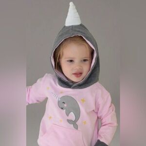 DOODLE PANTS Narwhal Hoodie 3D 100% Cotton 2T Toddler Pink And Grey